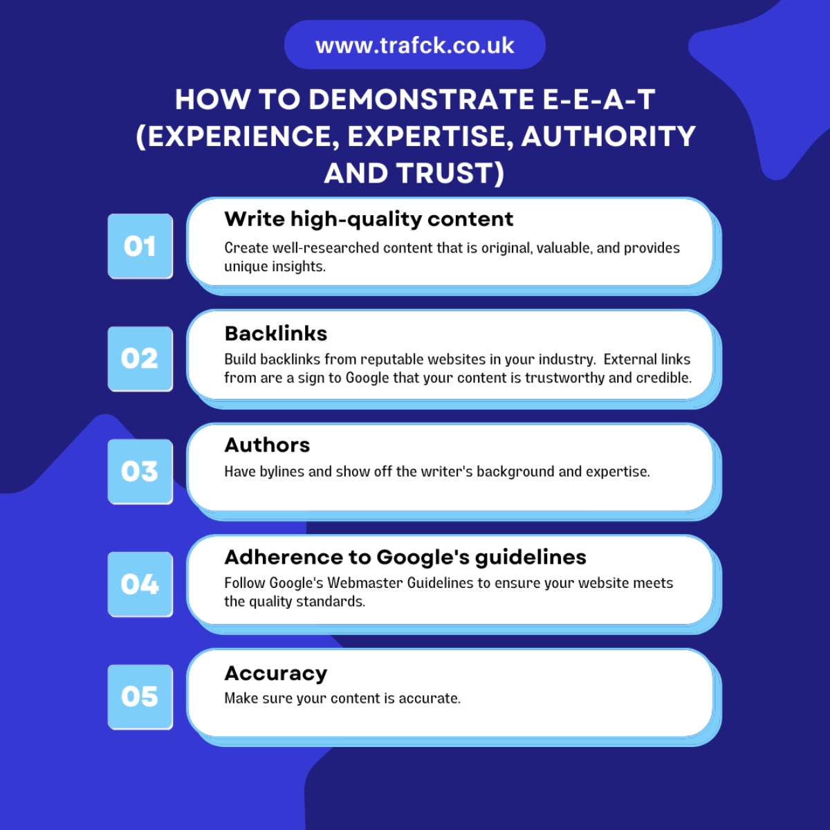 TRAFCK explain how to demonstrate E-E-A-T - expertise, experience, authority and trust